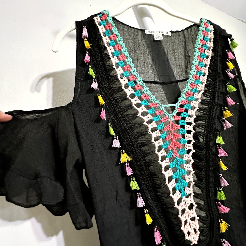 Swim Coverup - Cold Shoulder - Black with Crochet and Tassels